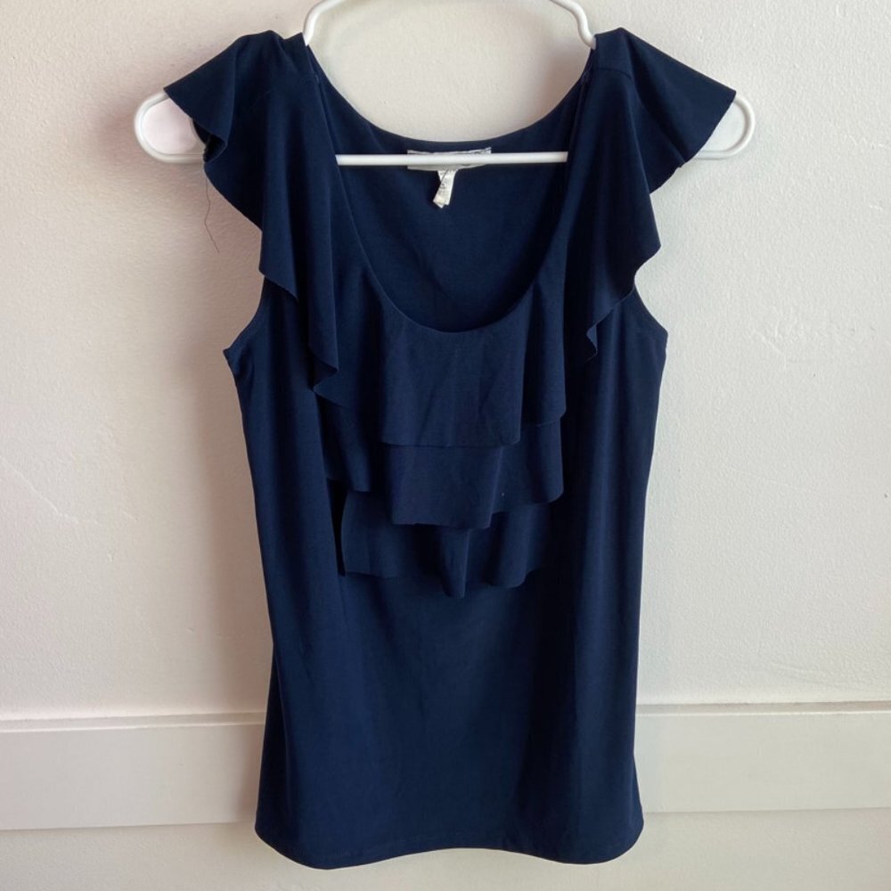 Claudia Richard Dark Blue Ruffle Short Sleeve Blouse